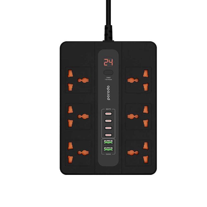 چندراهی برق  چندمنظوره پرودو، Porodo Multi-Port Super Hub، PD-FWCH009، هاب 6 پریز AC، هاب USB-C PD و USB-A، پاور هاب 3000 وات، شارژ سریع چندگانه با گارانتی