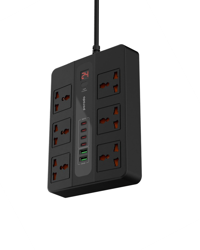 چندراهی برق  چندمنظوره پرودو، Porodo Multi-Port Super Hub، PD-FWCH009، هاب 6 پریز AC، هاب USB-C PD و USB-A، پاور هاب 3000 وات، شارژ سریع چندگانه با گارانتی