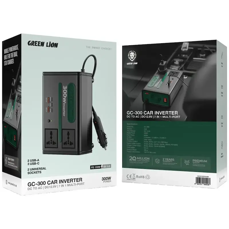 اینورتر خودرو گرین لاین، Green Lion GC-300 Car Inverter، اینورتر 300 وات خودرو، تبدیل برق ماشین به AC، اینورتر 7-in-1 Multi-Port، شارژر سریع USB-C، مبدل برق خودرو، GNGC300PINBK با گارانتی