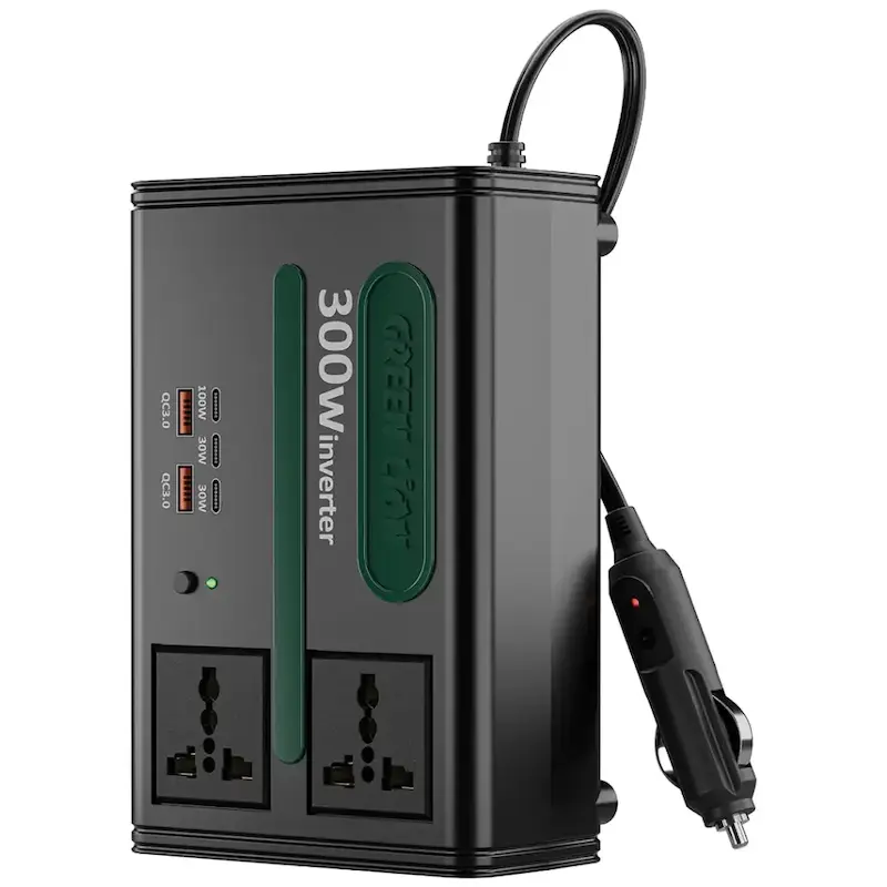 اینورتر خودرو گرین لاین، Green Lion GC-300 Car Inverter، اینورتر 300 وات خودرو، تبدیل برق ماشین به AC، اینورتر 7-in-1 Multi-Port، شارژر سریع USB-C، مبدل برق خودرو، GNGC300PINBK با گارانتی