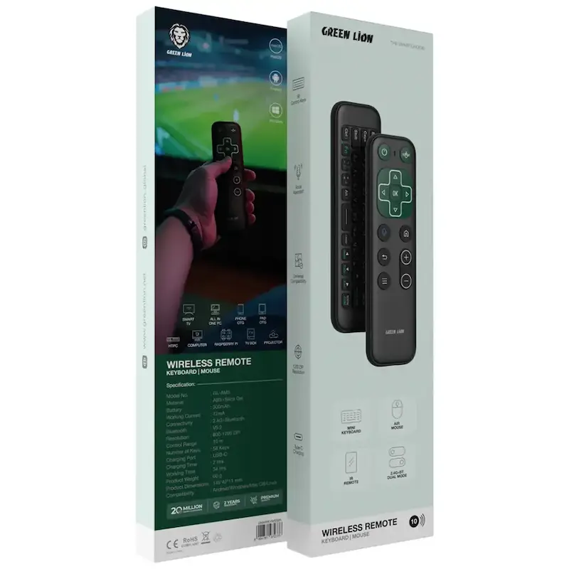 ریموت بی‌سیم گرین لاین، Green Lion Wireless Remote with Keyboard and Mouse، کیبورد و ماوس بی‌سیم برای تلویزیون، ریموت هوشمند اندروید TV، کنترل بی‌سیم با دانگل USB، GNWIRKYMS5BK با گارانتی