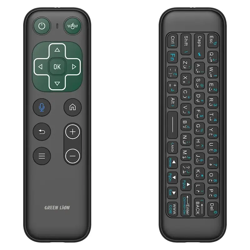 ریموت بی‌سیم گرین لاین، Green Lion Wireless Remote with Keyboard and Mouse، کیبورد و ماوس بی‌سیم برای تلویزیون، ریموت هوشمند اندروید TV، کنترل بی‌سیم با دانگل USB، GNWIRKYMS5BK با گارانتی