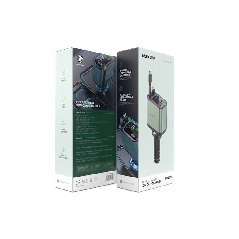 شارژر فندکی گرین لاین 90W، Green Lion Retractable Car Charger، شارژر فندکی جمع‌شونده، شارژر فندکی USB-C، شارژر سریع خودرو، شارژر ماشین با توان 90 وات GNRCC90WGN با گارانتی