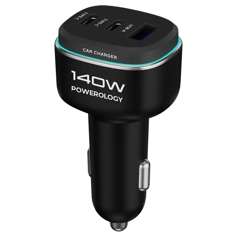 شارژر فندکی پاورولوژی ۱۴۰ وات، Powerology 140W Triple-Port Car Charger، شارژر فندکی USB-C و USB-A، شارژ سریع خودرو، شارژر ماشین چند پورت PCCSR025BKGYC
