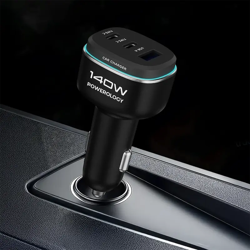 شارژر فندکی پاورولوژی ۱۴۰ وات، Powerology 140W Triple-Port Car Charger، شارژر فندکی USB-C و USB-A، شارژ سریع خودرو، شارژر ماشین چند پورت PCCSR025BKGYC