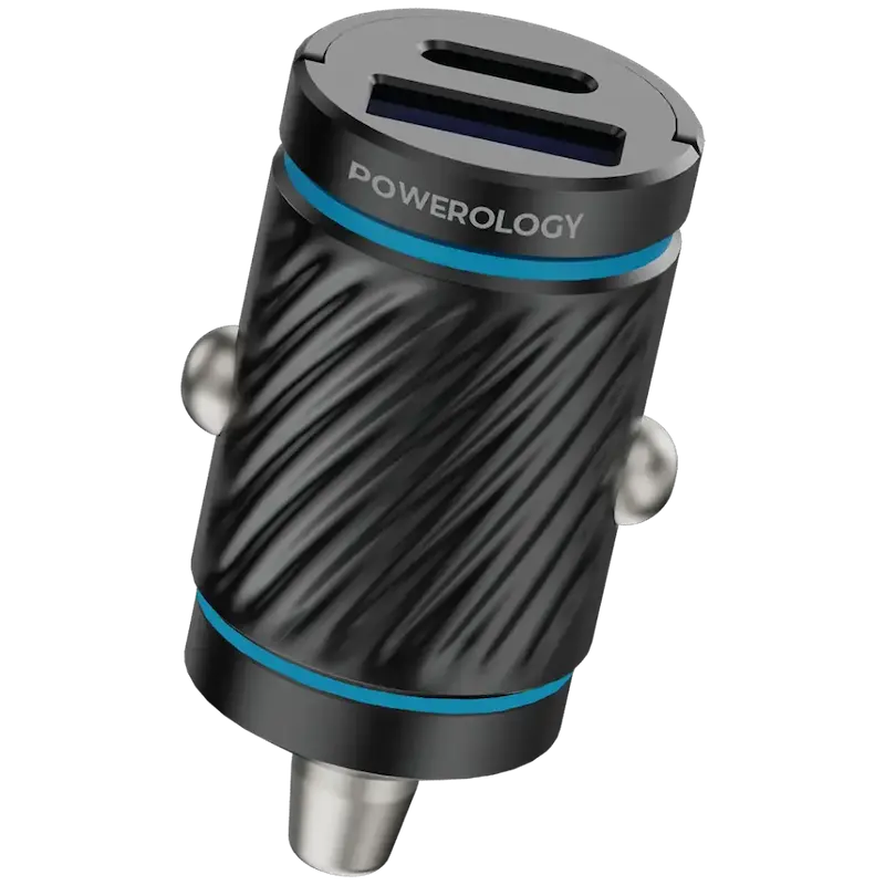 شارژر فندکی پاورولوژی دو پورت 33 وات، Powerology Pico Dual-Port Car Charger، شارژر ماشین USB، شارژر فندکی سریع، شارژ USB در خودرو، شارژر فندکی مشکی PCCSR023BK
