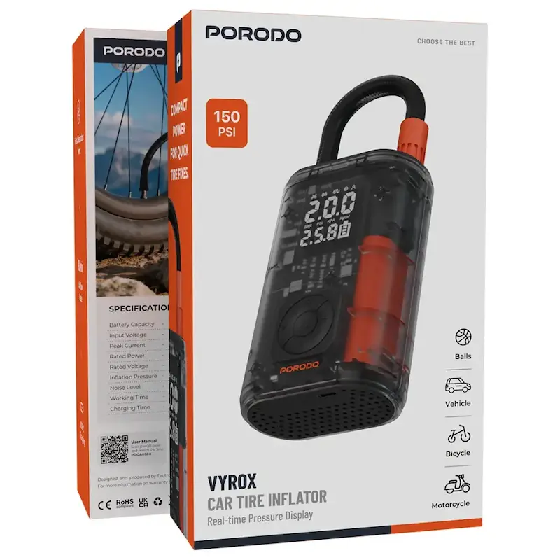 کمپرسور باد شارژی Porodo Vyrox مدل PDGA05BK با فشار 150 PSI، نمایشگر فشار لحظه‌ای، باتری 4000 میلی‌آمپرساعتی و شارژ USB-C، مناسب خودرو، موتور، دوچرخه و توپ‌های ورزشی با گارانتی