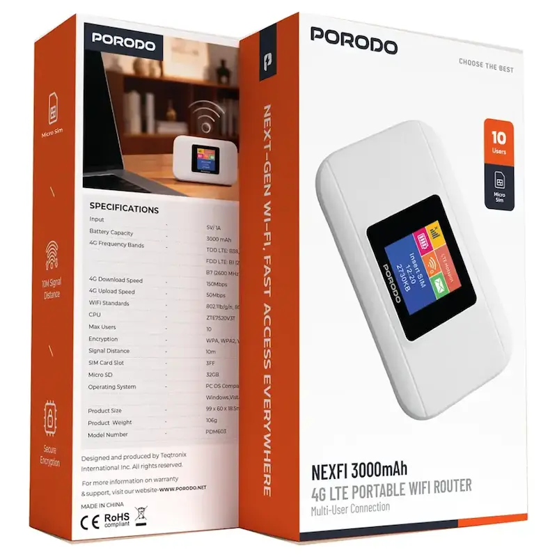 مودم سیم کارتی پورودو، مودم 4G LTE قابل حمل، Porodo NexFi PDM603WH، مودم جیبی 4G، مودم همراه وای فای، مودم سیم کارت خور، مودم قابل حمل 10 کاربره، مودم وای فای مسافرتی، خرید مودم LTE، مودم WiFi 6 پورودو با گارانتی