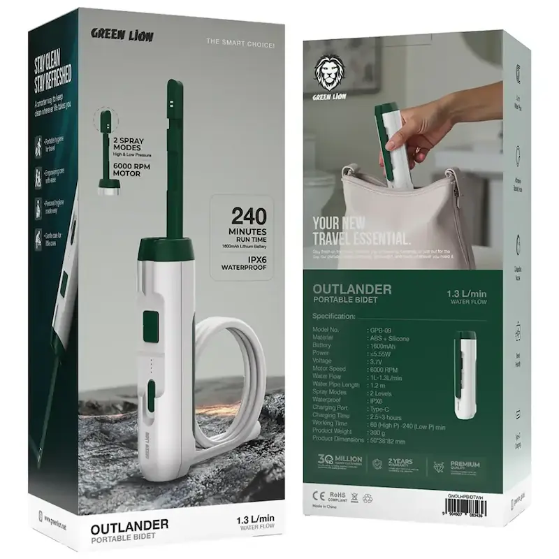 بیده قابل حمل گرین لاین، آفتابه برقی شارژی، Green Lion Outlander، بیده مسافرتی، بیده شارژی USB-C، بیده کمپینگ، بیده قابل حمل، دستگاه شستشوی شخصی، GNOLHPBIDTWH، خرید بیده مسافرتی با گارانتی