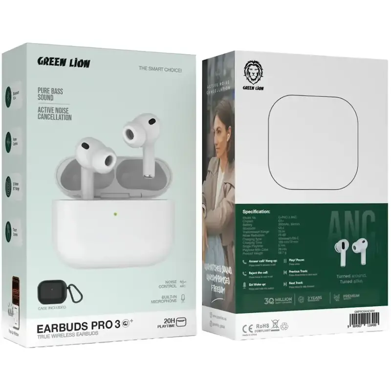 هندزفری گرین لاین، Green Lion Earbuds Pro 3، ایربادز ANC، هندزفری بلوتوثی گرین لاین، هندزفری شارژ بی سیم، Earbuds Pro 3، هندزفری Bluetooth 5.4، هندزفری نویز کنسلینگ، خرید ایربادز گرین لاین، GNPRO3ANCWH با گارانتی
