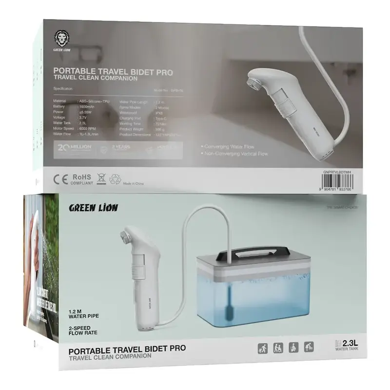 بیده مسافرتی گرین لاین، آفتابه برقی شارژی، Green Lion Portable Travel Bidet Pro، بیده شارژی با مخزن آب، بیده کمپینگ، بیده مسافرتی USB-C، بیده قابل حمل گرین لاین، GNPRTVLBDTWH، بیده شارژی مسافرتی، خرید بیده قابل حمل با گارانتی