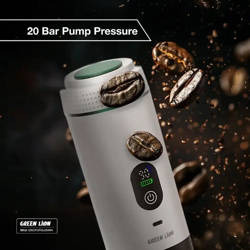 قهوه ساز گرین لاین، اسپرسوساز قابل حمل، Green Lion Cafex Coffee Maker، قهوه ساز شارژی، اسپرسوساز سفری، قهوه ساز USB-C، قهوه ساز کمپینگ، قهوه ساز کپسولی، قهوه ساز 20 بار، GNCFCFGL05WH