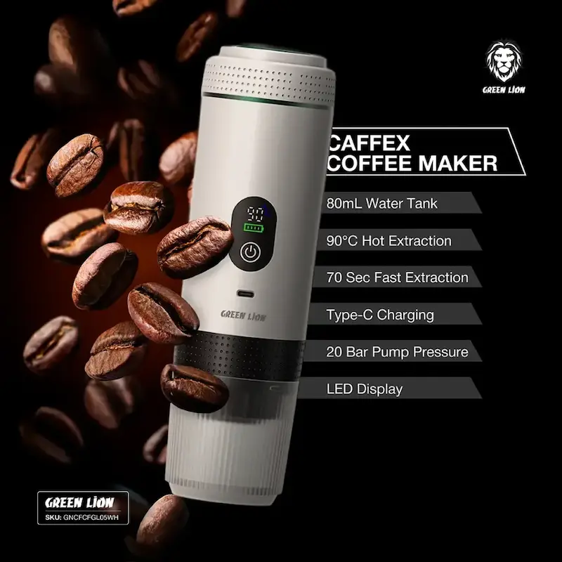 قهوه ساز گرین لاین، اسپرسوساز قابل حمل، Green Lion Cafex Coffee Maker، قهوه ساز شارژی، اسپرسوساز سفری، قهوه ساز USB-C، قهوه ساز کمپینگ، قهوه ساز کپسولی، قهوه ساز 20 بار، GNCFCFGL05WH