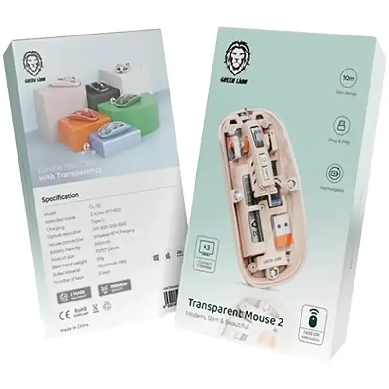 ماوس گرین لاین، Green Lion Transparent Mouse 2، ماوس بی سیم شارژی، ماوس بلوتوثی، ماوس 1600 DPI، ماوس شفاف، ماوس گرین لاین شیشه ای، خرید ماوس بی سیم، ماوس کم صدا، ماوس Transparent Mouse 2 با گارانتی