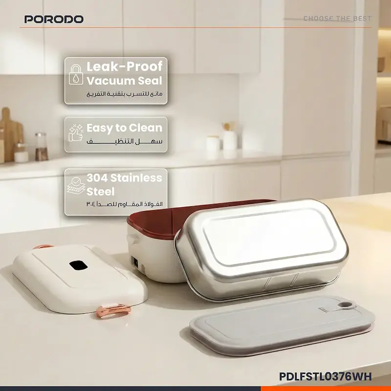 ظرف غذای برقی پرودو، لانچ باکس برقی Porodo، PDLFSTL0376WH، ظرف غذای برقی خودرو، لانچ باکس برقی 0.9 لیتری، ظرف غذای گرم‌کن برقی، لانچ باکس برقی مسافرتی، ظرف غذای برقی برای محل کار، ظرف غذای برقی استیل 304