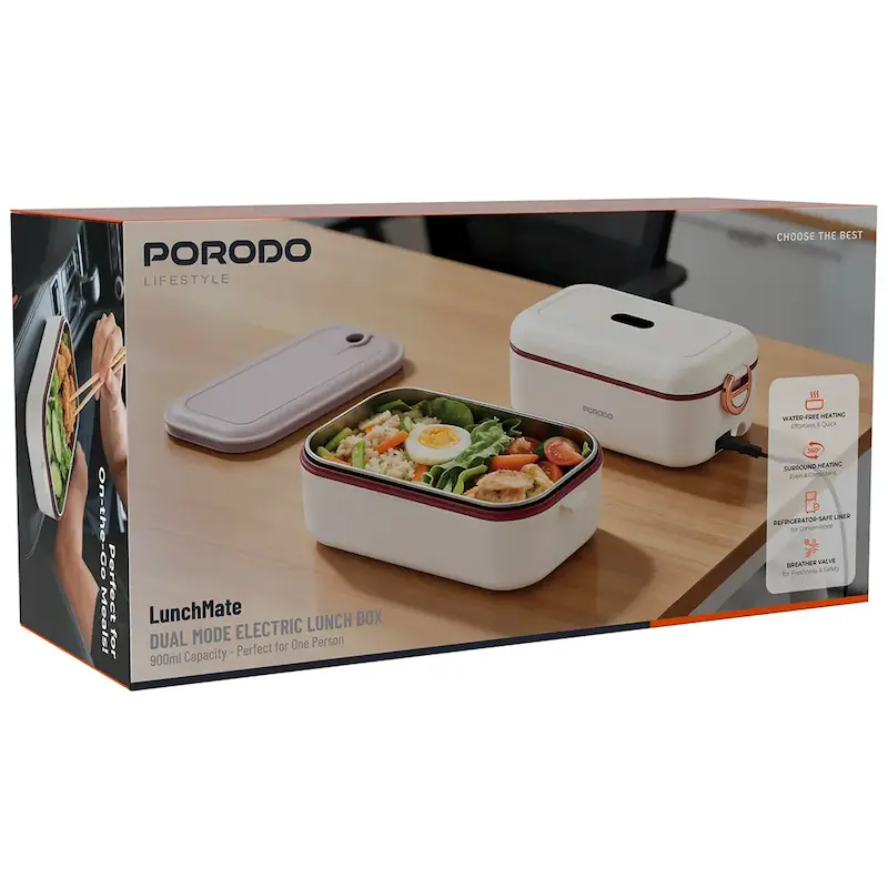 ظرف غذای برقی پرودو، لانچ باکس برقی Porodo، PDLFSTL0376WH، ظرف غذای برقی خودرو، لانچ باکس برقی 0.9 لیتری، ظرف غذای گرم‌کن برقی، لانچ باکس برقی مسافرتی، ظرف غذای برقی برای محل کار، ظرف غذای برقی استیل 304