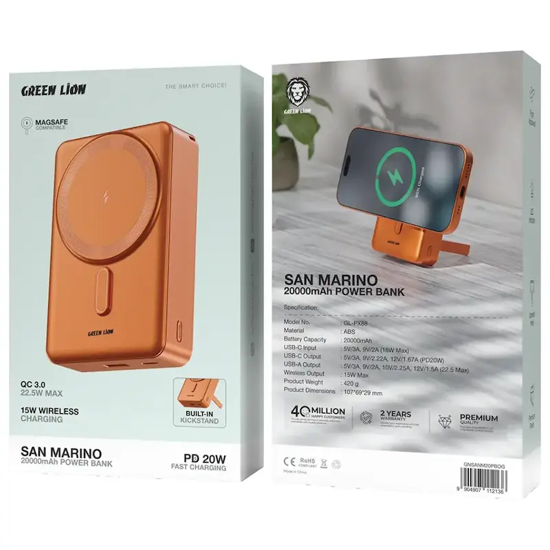 پاوربانک گرین لاین San Marino 20000mAh | وایرلس 15W و PD 20W GNSANM20PBBK / GNSANM20PBOG