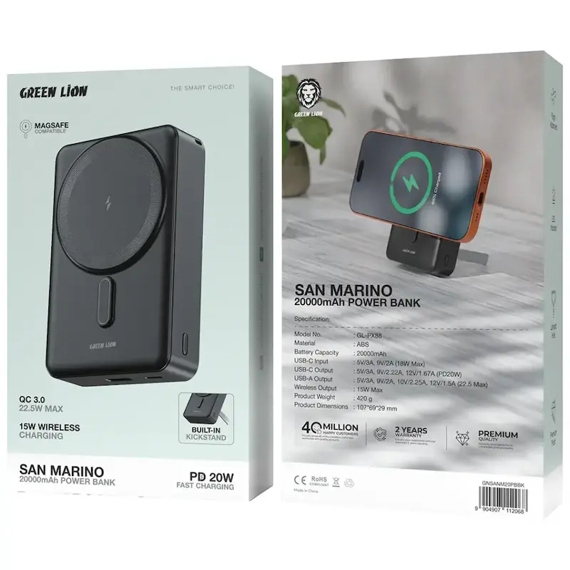 پاوربانک گرین لاین San Marino 20000mAh | وایرلس 15W و PD 20W GNSANM20PBBK / GNSANM20PBOG