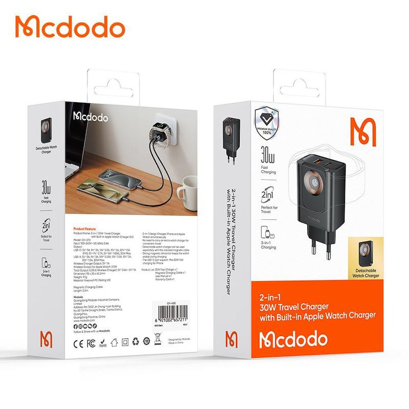 آداپتور شارژ 2پورت 30وات+شارژر وایرلس اپل واچ مک دودو مدل MCDODO CH-3700