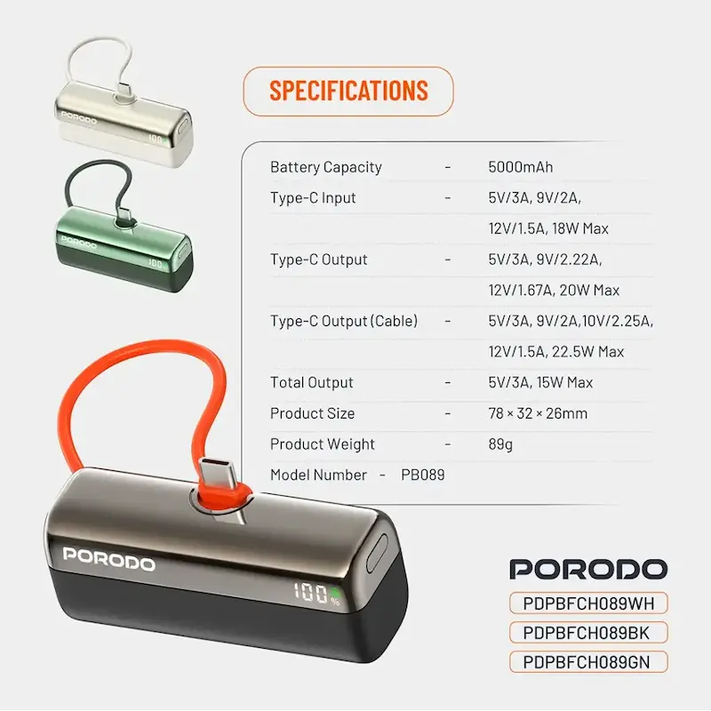 پاوربانک 5000 میلی آمپر پرودو مدل PDBFCH089BK PORODO با گارانتی