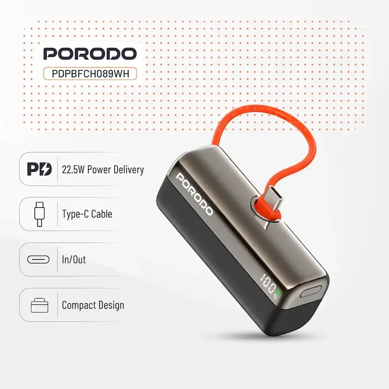 پاوربانک 5000 میلی آمپر پرودو مدل PDBFCH089BK PORODO با گارانتی