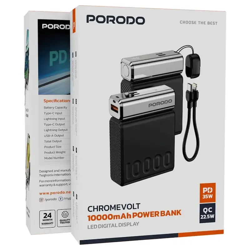 پاوربانک 10000 میلی آمپری 35 وات پرودو PDPBFCH088BK با گارانتی (CHROME VOLT)