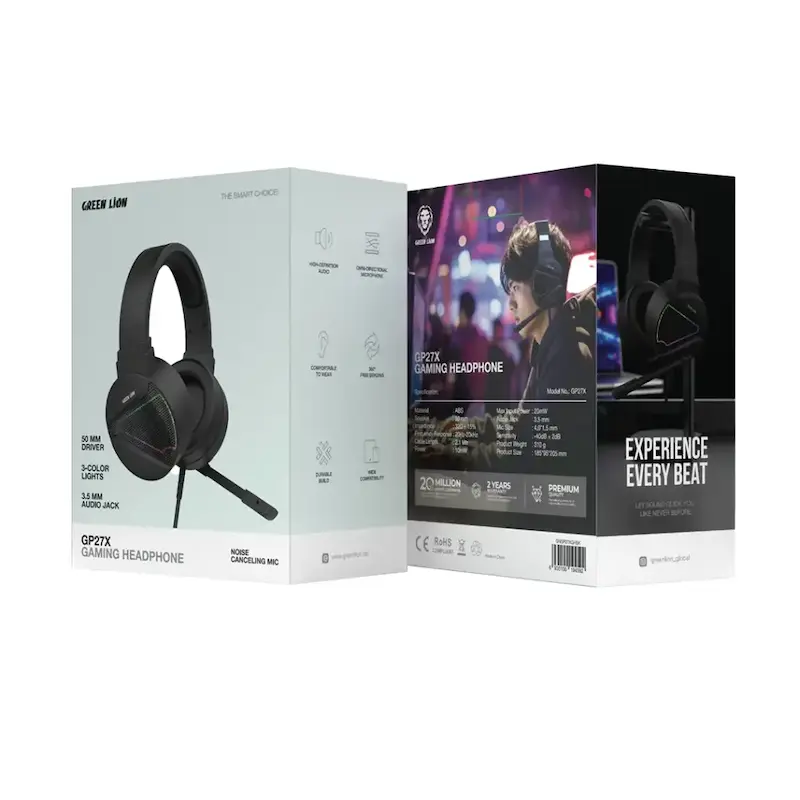 هدفون گیمینگ گرین لاین، Green Lion GP27X Gaming Headphone، هدفون گیمینگ مشکی، هدفون بازی حرفه‌ای، هدفون باس قدرتمند، هدفون با میکروفون
