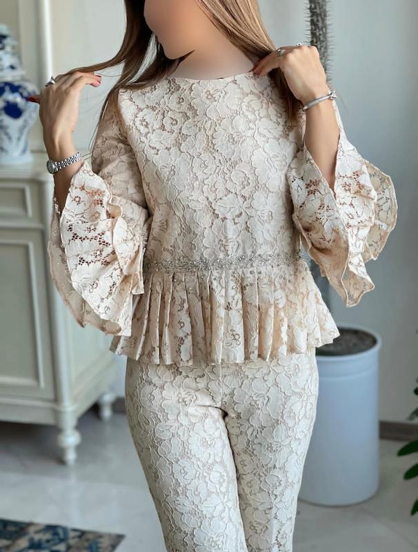 ست بلوز شلوار دانتل پایین پلیسه کار دست