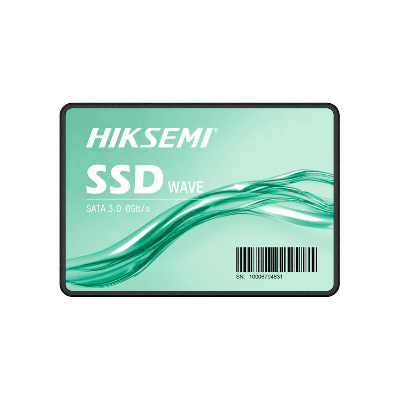 نمای روبه‌روی SSD دو و نیم اینچی HIKSEMI WAVE(S) ظرفیت 256GB با بدنه مشکی و لیبل سبز، روی پس‌زمینه سفید.