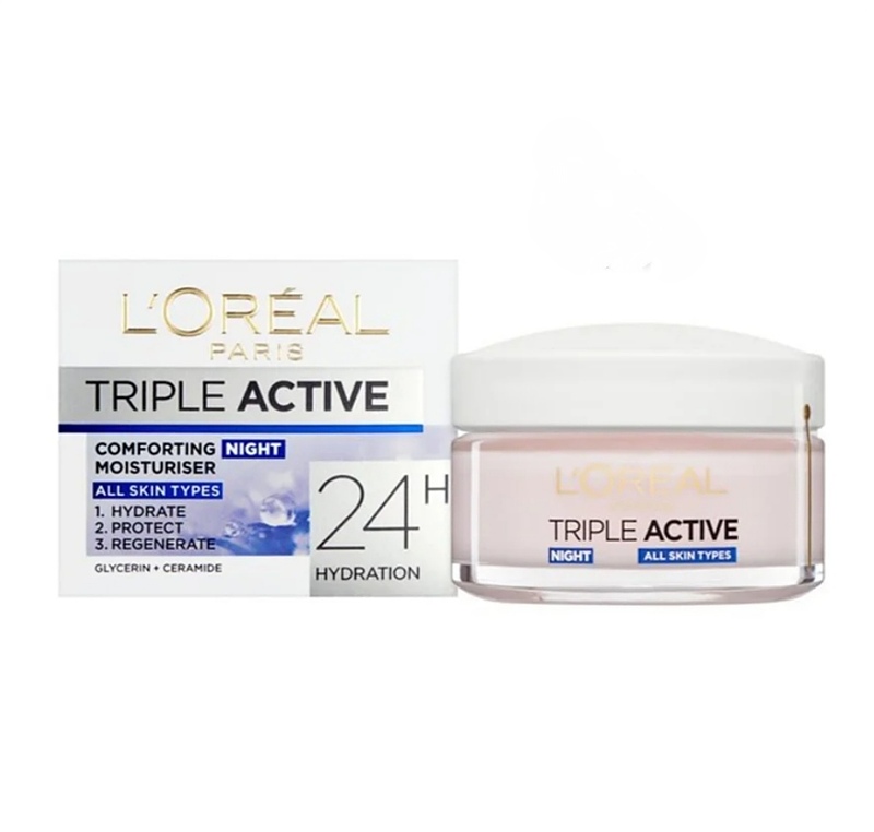 کرم آبرسان شب لورال تریپل اکتیو LOreal LOreal Triple Active 24H Hydration Night Cream عملکرد سه گانه محافظت کننده، آبرسان و احیاکننده پوست. ابرسان قوی