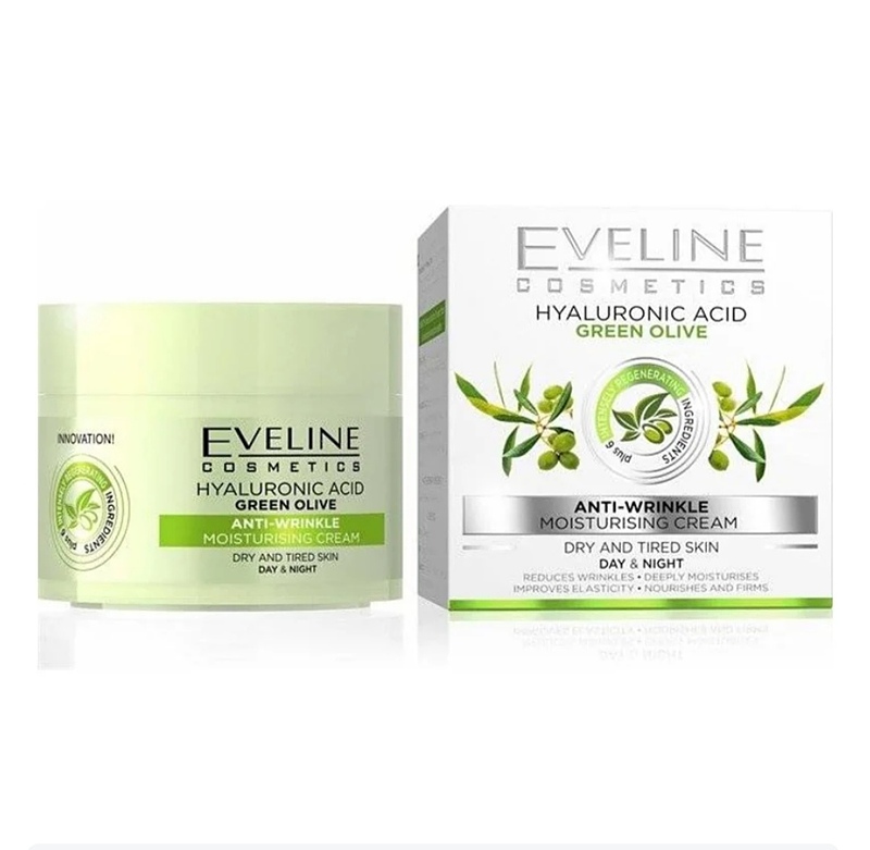 کرم اولاین آبرسان و ضدچروک هیالورونیک اسید و زیتون شب و روز Eveline Hyaluronic Acid Nature Line Anti-Wrinkle Day and Night Cream 50 ml از تشکیل چین و چروک جلوگیری می کند و فیبرهای کلاژن و الاستین را تقویت می کند آبرسانی, ترمیم کننده, ضد پیری, ضد چروک, محافظت کننده, مغذی پوست