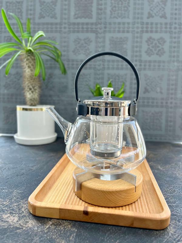 قوری پیرکس دسته فولادی خمره ای