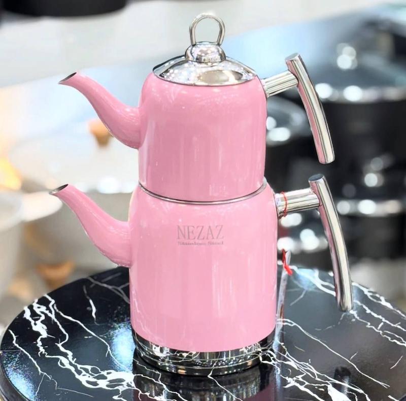 کتری قوری استیل رنگی نزاز صورتی