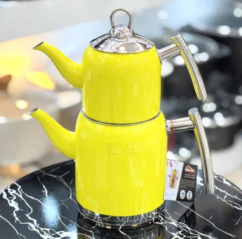 کتری قوری استیل رنگی نزاز زرد