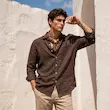 پیراهن لینن مردانه هوکانی کد 1085733 قهوه ای تیره