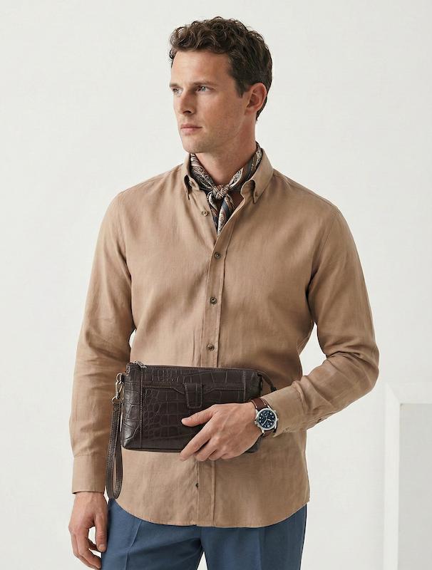 پیراهن مردانه هوکانی کد 1058428 کرم تیره