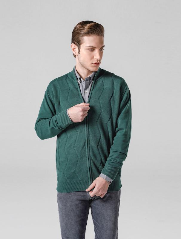 بافت تمام زیپ مردانه هوکانی کد 1060813 سبز تیره