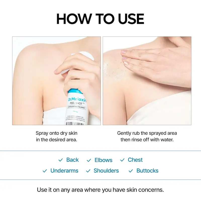 اسپری پیل شات بدن TX دکتر ملاکسین لایه بردار و روشن کننده Dr.Melaxin EXFOLIATING PEEL SHOT SPRAY