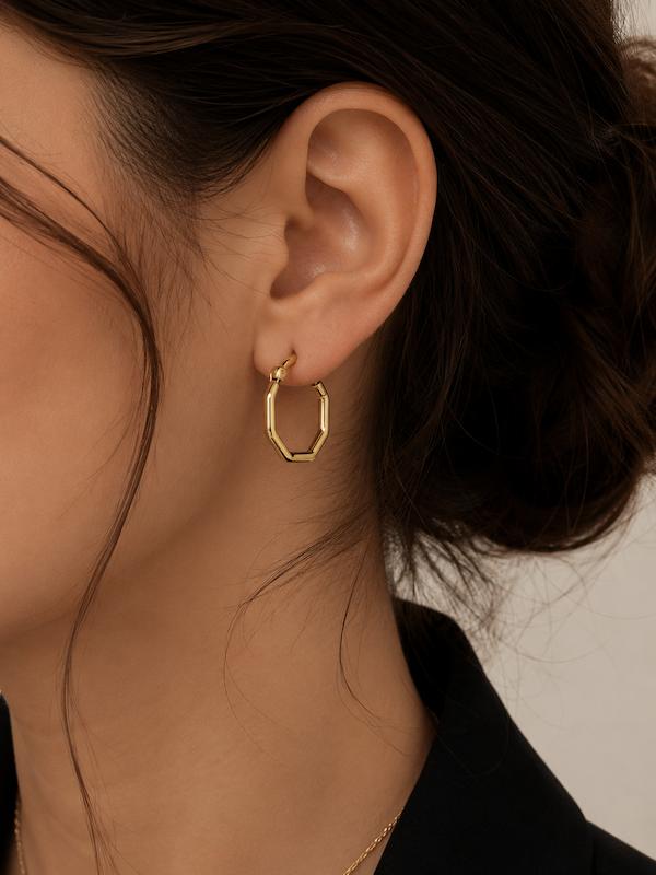 گوشواره استیل طلایی حلقه‌ای شش‌ضلعی (بدل وارداتی)