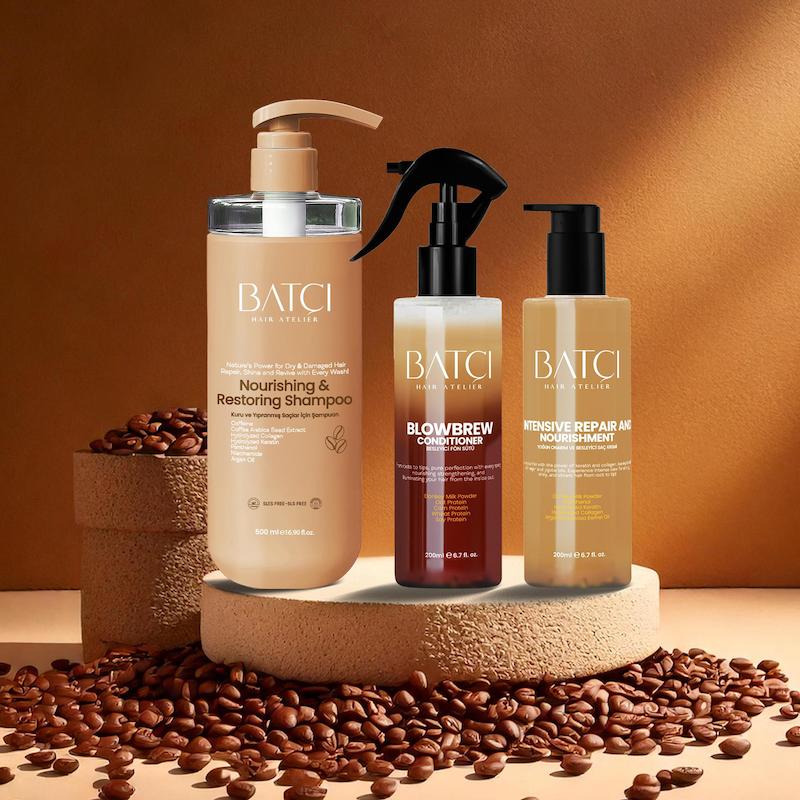 پک کامل مراقبت از مو قهوه ترک و شیر الاغ (مجموعه ای مفید برای سشوار کشیدن)