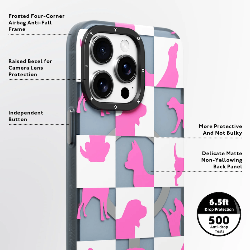 قاب برند Youngkit/یانگ کیت مدل Cat & Dog Heckerboard Magsafe/مگ سیف ساپورت/Magsafe/جدید/سفید و صورتی