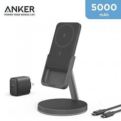  استند شارژ دو کاره انکر Anker بیسیم/پاوربانک مگ سیف به همراه شارژ دیواری انکر Anker آنکر/Anker Magnetic Charger Mag Go انکر