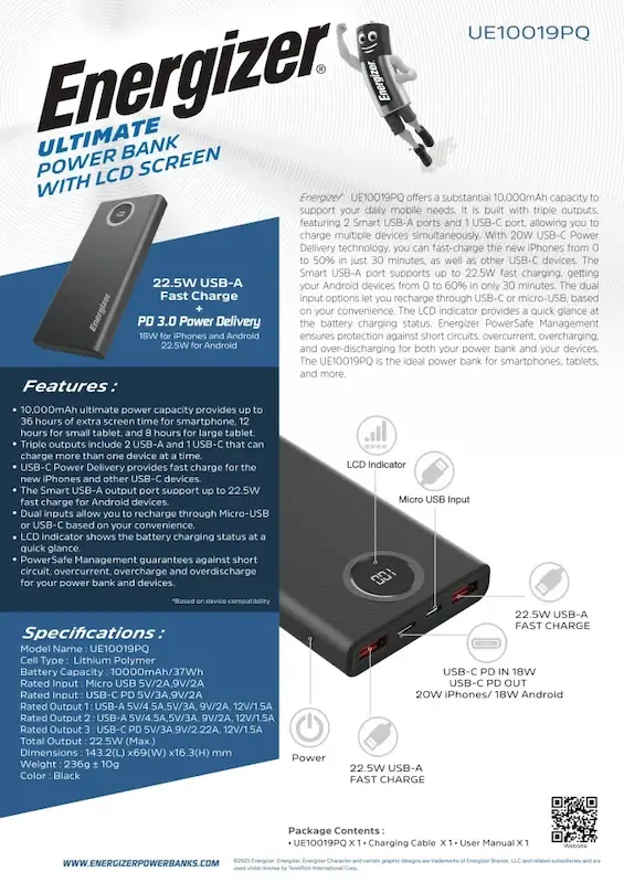پاوربانک انرجایزز ده هزار میلی آمپر/ENERGIZER Power bank 10K