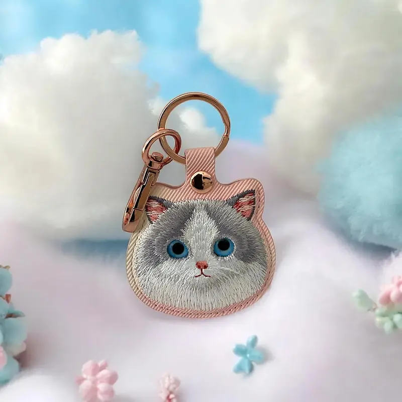 جاکیلیدی Nimmy/جاسوییچی Friends Big Eyes Cute Pets Embroidery Apple AirTag Case Holder Keychain Locator گربه صورتی چشم درشت