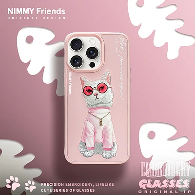 قاب طرح دار Nimmy نیمی/کیس نیمی مدل Nimmy Glasses Cool Embroidery Case Cover گربه صورتی با زنجیر