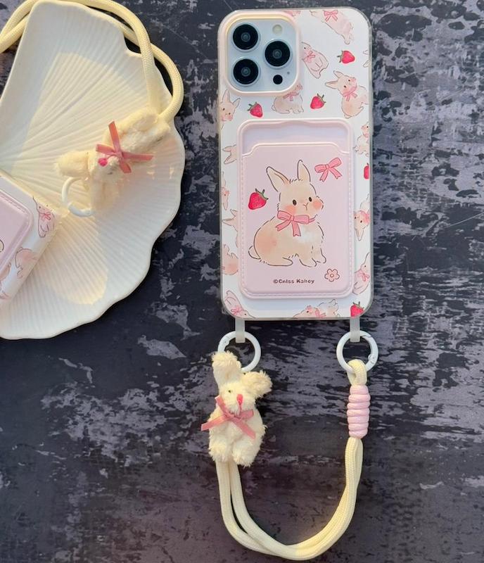 قاب ژله ای جاکارتی دار به همراه بند آویز خرگوش عروسکی مدل Pocket Kawaii
