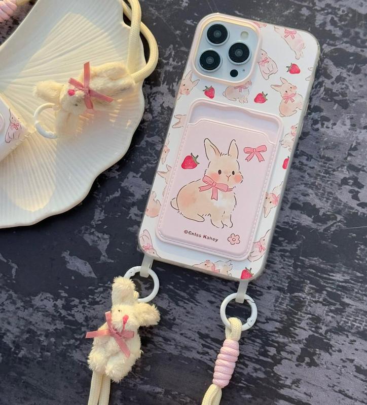 قاب ژله ای جاکارتی دار به همراه بند آویز خرگوش عروسکی مدل Pocket Kawaii