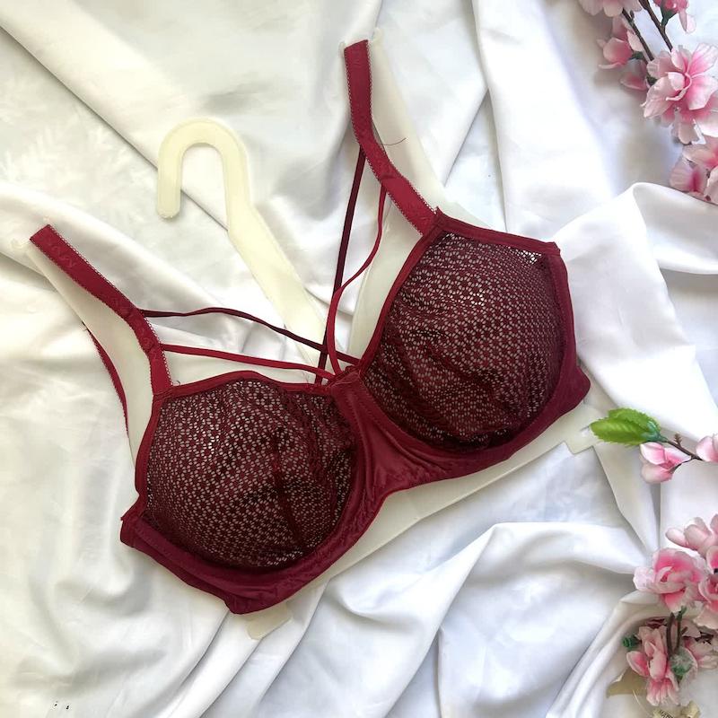 ست شورت و سوتین توری فانتزی هارنس دار سایز 90 رنگ زرشکی کد 86830
