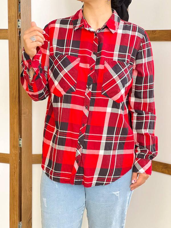 شومیز نخی چهارخونه قرمز 