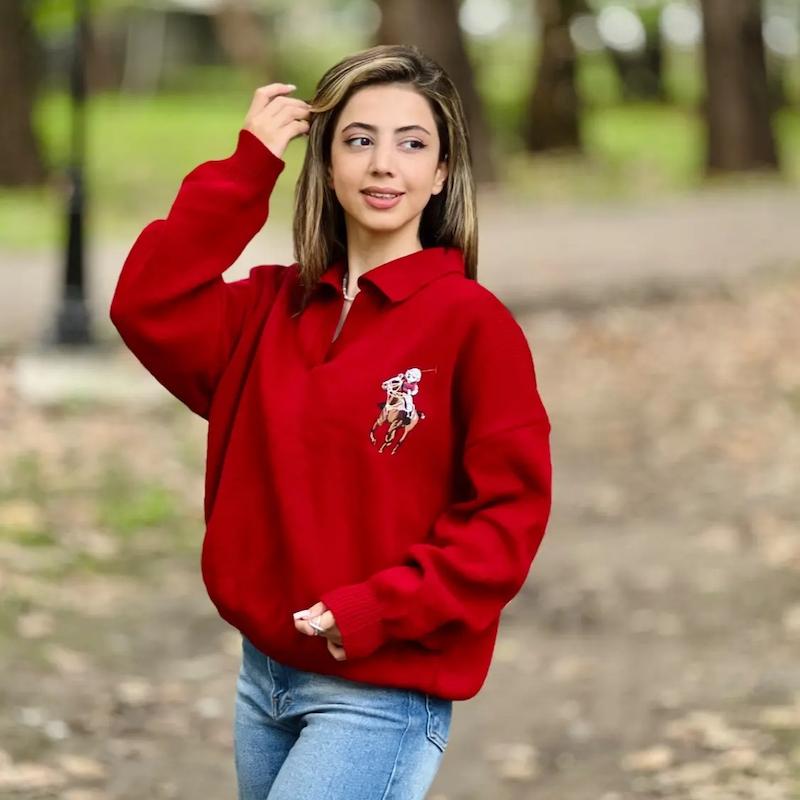پلیور بافت یقه پولو زنانه طرح گلدوزی Polo